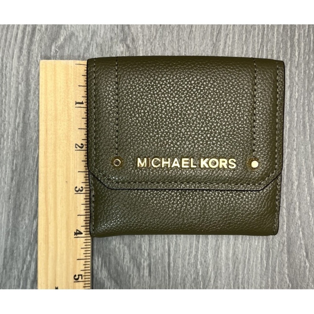 Michael Kors Hayes Small Tri-Fold Wallet Olive Green Pebbled Leather Gold Logo - Picture 10 of 11